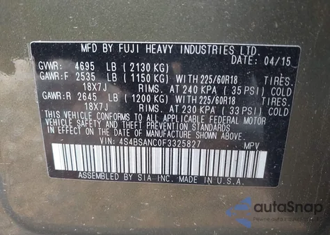 2015 Subaru Outback 2.5I Limited from USA, damaged, VIN 4S4BSANC0F3325827